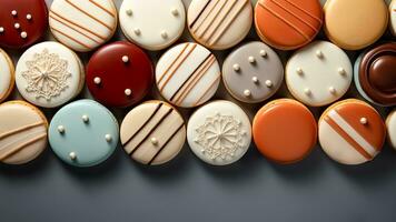 AI generated Christmas assorted colorful macarons on gray background. Happy Christmas. Merry Christmas. photo