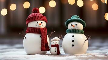 AI generated Christmas snowman family in knitted hats and scarves. Christmas and New Year concept. photo