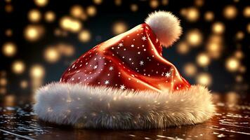AI generated Santa Claus hat on wooden table with lights and bokeh background. Christmas and New Year concept. photo