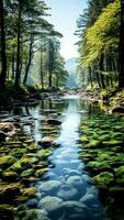 ai generado hermosa paisaje imagen de un río fluido mediante el bosque en verano. ambiente concepto. foto