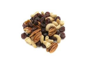 A handful of nuts and raisins, isolated on a white background. Nuts are so called because they all have one characteristic in common, they have less than 50 percent water photo