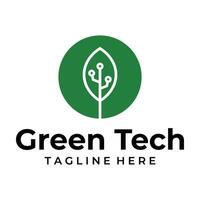 Green tech logo design template. leaf with digital data technology design graphic vector illustration