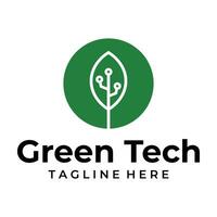 Green tech logo design template. leaf with digital data technology design graphic vector illustration