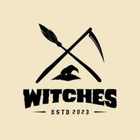 broom stick and witch hat halloween logo design vector