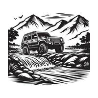 rustic hand drawn logo illustration of off road car vector