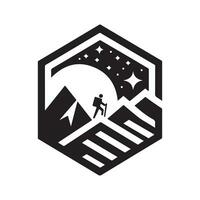 geometric monochrome illustration logo of mountain hiking vector