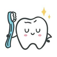 Hand drawn cartoon of a tooth holding a toothbrush. clean and healthy teeth concept vector