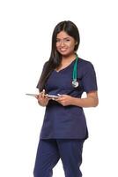Young pretty doctor with a stethoscope and a medical history in her arms photo