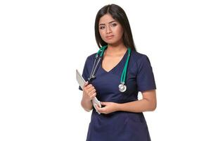 Portrait of young indian doctor woman with stethoscope around neck isolated on white background photo