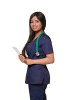 Close up portrait of young indian doctor woman with stethoscope around neck isolated on white background photo