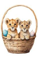 AI generated graphic of a baby lion in an Easter basket with Easter eggs photo