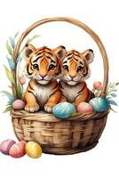 AI generated graphic of baby  triger  in an Easter basket with Easter eggs photo