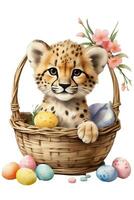 ai generado gráfico de un bebé leopardo en un Pascua de Resurrección cesta con Pascua de Resurrección huevos foto