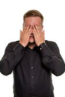 A man shows embarrassment, isolated on a white background photo