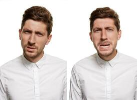 hermoso hombre en un blanco camisa hace caras, aislado en un blanco antecedentes foto