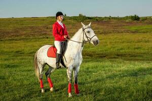 joven mujer jinete, vistiendo rojo redingote y blanco pantalones, con su caballo en noche puesta de sol ligero. foto