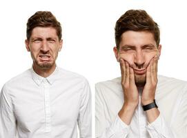Handsome man in a white shirt makes faces, isolated on a white background photo