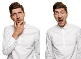 hermoso hombre en un blanco camisa hace caras, aislado en un blanco antecedentes foto