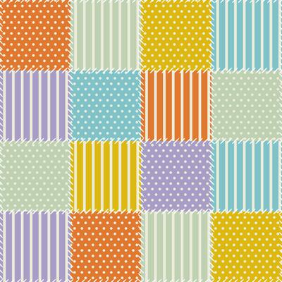 Colorful patchwork quilt pattern with polka dots and stripes in retro colors, ideal for background, fabric design or scrapbooking projects