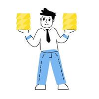 Investing in gold. Businessman with bunch of bullion. Stack of Yellow metal ingots. Growing wealth concept. Trade and deposit on stock exchange. Male manager character vector