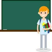 Male student with books and backpack in high school at clean Board with chalk. Education in University and College. Lesson and lecture. Boy and knowledge. Young man. Cartoon flat illustration vector