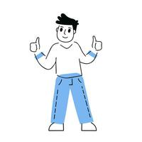 Man shows thumbs up. Young outline character with geometric minimalist shapes. Linear cartoon. Gesture of cool and very good vector