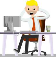 Man holding his head. Broken equipment. Broken computer. Crash the system. Office Crazy scared boss behind the monitor. Confused businessman. Cartoon flat illustration vector