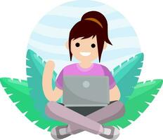 Guy works on Internet and chat. Cartoon flat illustration. Learning and education with book and green leaves. vector