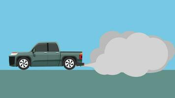 Vector or Illustration of pickup cartoon car passes by emitting pollution fumes or smoke from the exhaust pipe. Empty space for text in the smoke.