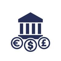 bank building icon with dollar, euro and pound vector