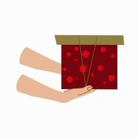 Giving a gift. Hand with Gift box Design for banner, web. Hands give a gift a red box with a gold lid. Vector illustration...