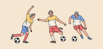 fútbol jugadores personaje en acción varios poses conjunto línea estilo ilustración vector