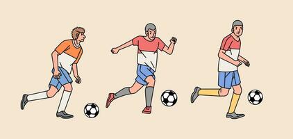 Soccer players character in action various poses set line style illustration vector