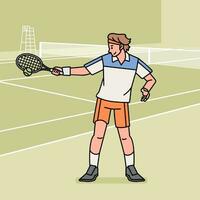 Tennis man character players in action Athlete on field line style illustration vector