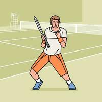 Tennis man character players in action Athlete on field line style illustration vector