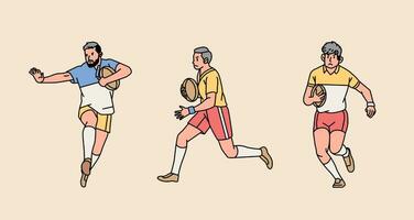 rugby personaje jugadores en acción conjunto línea estilo ilustración vector