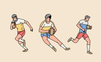 rugby personaje jugadores en acción conjunto línea estilo ilustración vector