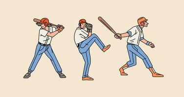 béisbol personaje jugadores en acción conjunto línea estilo ilustración vector