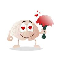 Brain love, character with bouquet flowers. Vector brain feeling love, bouquet of flower illustration