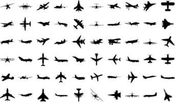 Black airplanes silhouettes. Military jet fighter and civil aviation cargo and passenger planes icons isolated on white background vector