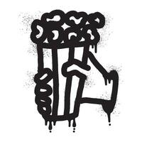 Graffiti of a hand holding popcorn drawn with black spray paint vector