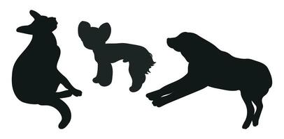 Sketch image of black silhouette dogs, outline of pets. Go, standing, sitting, lying, lie, running, jumping, training, walking, guarding, posing, play, showing vector