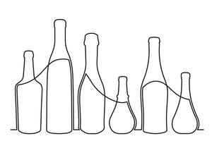 Sketch drawing of a bottle of different shapes in the style of one solid continuous line. Collection of alcoholic drinks vector