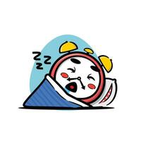 Cute clock mascot is sleeping. funny vector cartoon mascot.