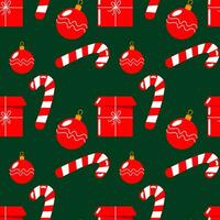 Seamless pattern, candies, gifts and Christmas balls, red and white design. Christmas print, textile, background, vector