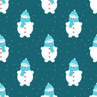 Seamless pattern, cute snowmen on a background with snowflakes. Print, textile, vector
