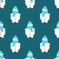 Seamless pattern, cute snowmen on a background with snowflakes. Print, textile, vector