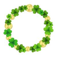 St. Patrick's Day, elegant round frame with shamrock leaves and gold coins isolated on white background. Postcard, banner, poster, vector