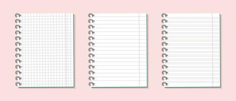 School notebook set. Mockups, blank checkered and line notepads on pink background. Illustration, vector