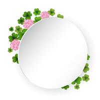 Round template with colorful clover leaves, shamrock, background for text. St. Patrick's day illustration, vector